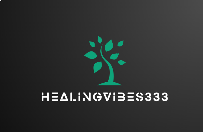Logo of HealingVibes333 with a green tree design on a black background